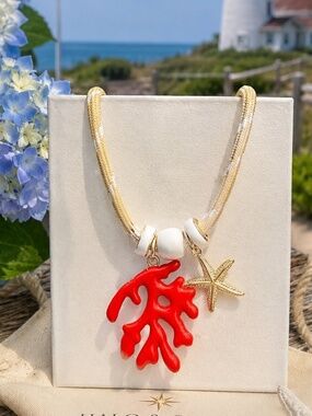 Coastal Inspired Necklace with Red Corral and Gold Starfish